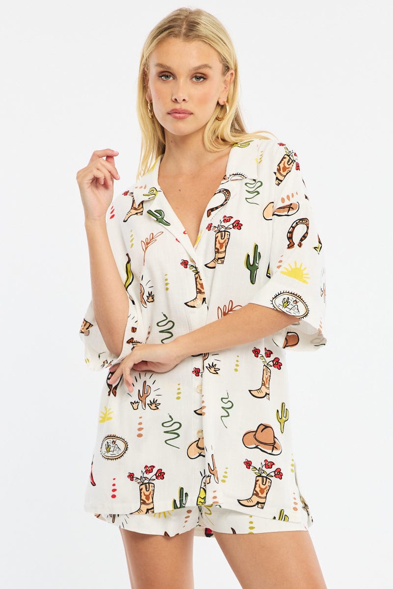Multi Abstract Relaxed Shirt Short Sleeve Linen Blend for Ally Fashion