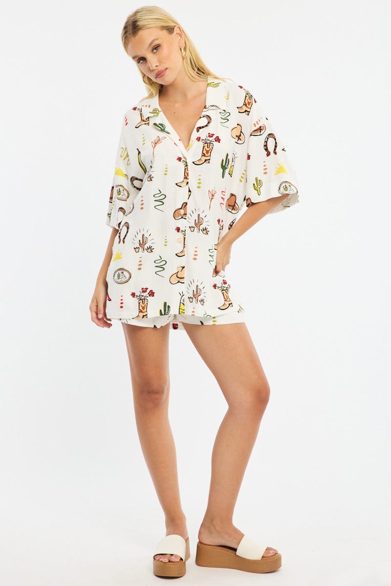 Multi Abstract Relaxed Shirt Short Sleeve Linen Blend for Ally Fashion