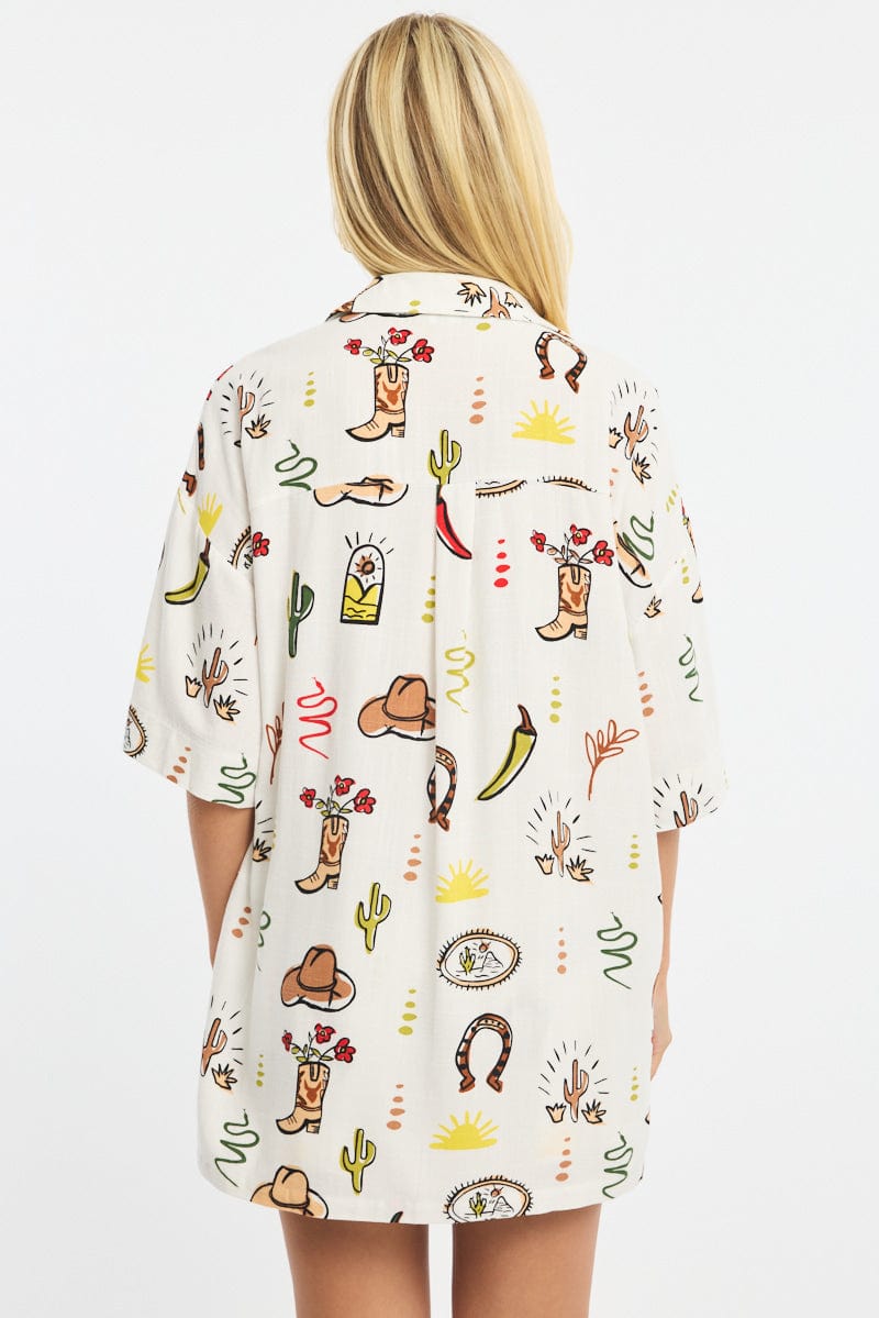 Multi Abstract Relaxed Shirt Short Sleeve Linen Blend for Ally Fashion