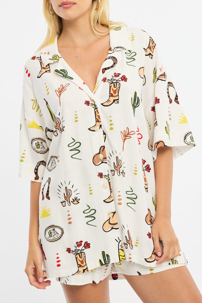 Multi Abstract Relaxed Shirt Short Sleeve Linen Blend for Ally Fashion