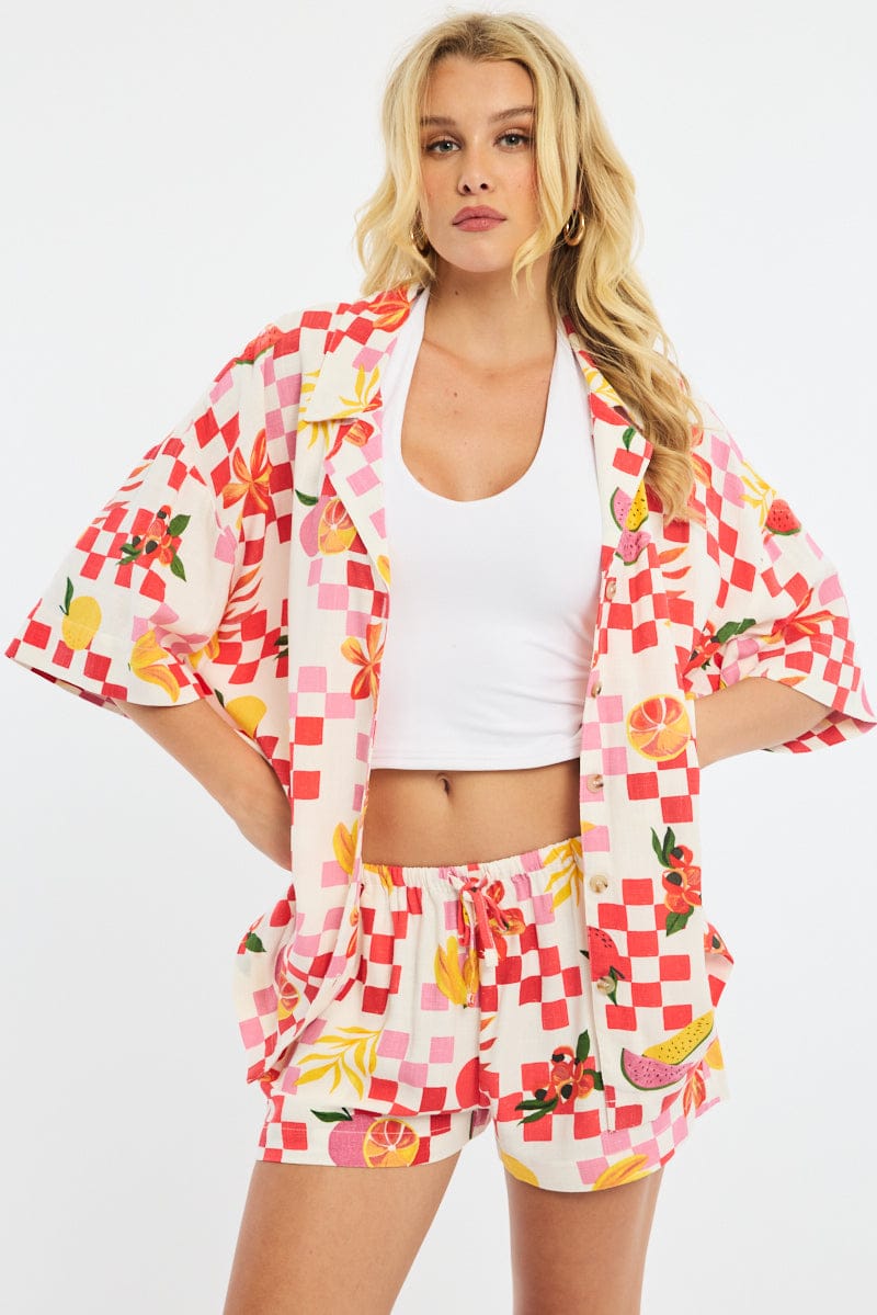 Multi Abstract Relaxed Shirt Short Sleeve Collared Linen Blend for Ally Fashion