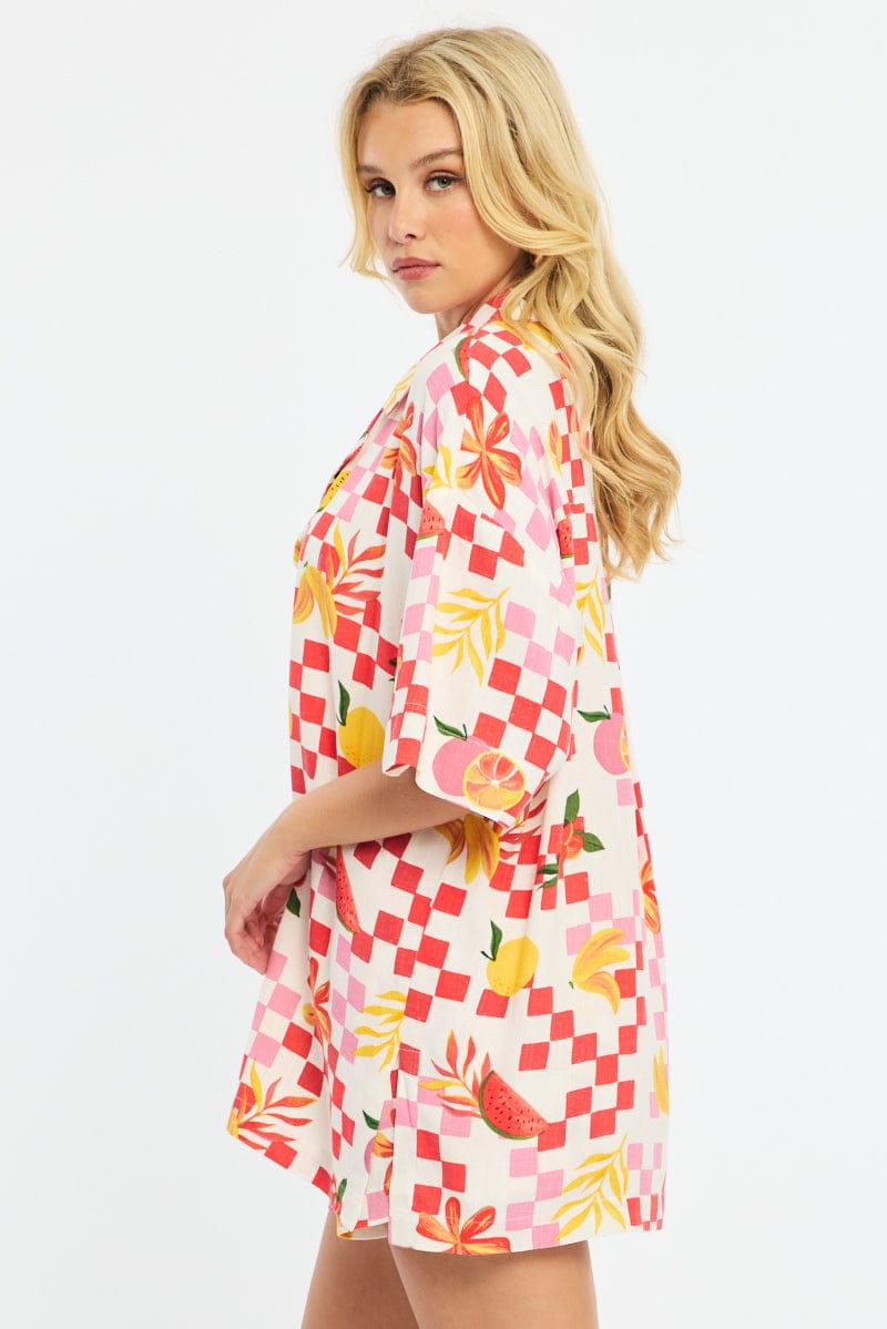 Multi Abstract Relaxed Shirt Short Sleeve Collared Linen Blend for Ally Fashion