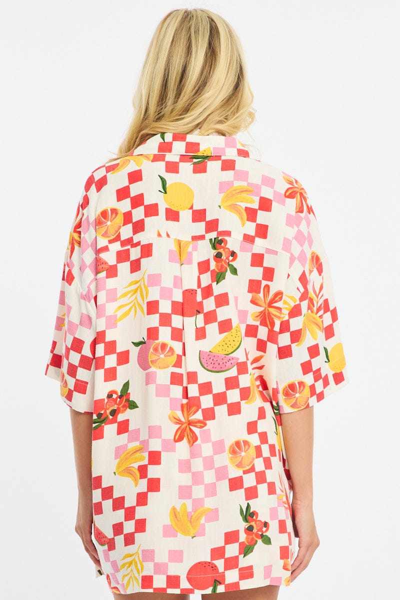 Multi Abstract Relaxed Shirt Short Sleeve Collared Linen Blend for Ally Fashion