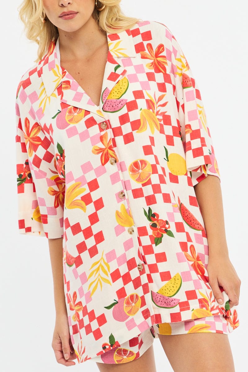 Multi Abstract Relaxed Shirt Short Sleeve Collared Linen Blend for Ally Fashion