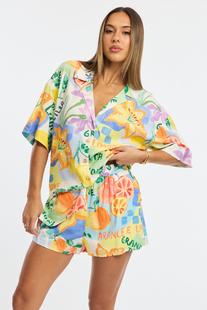 Multi Abstract Relaxed Shirt Short Sleeve Collared Linen Blend for Ally Fashion