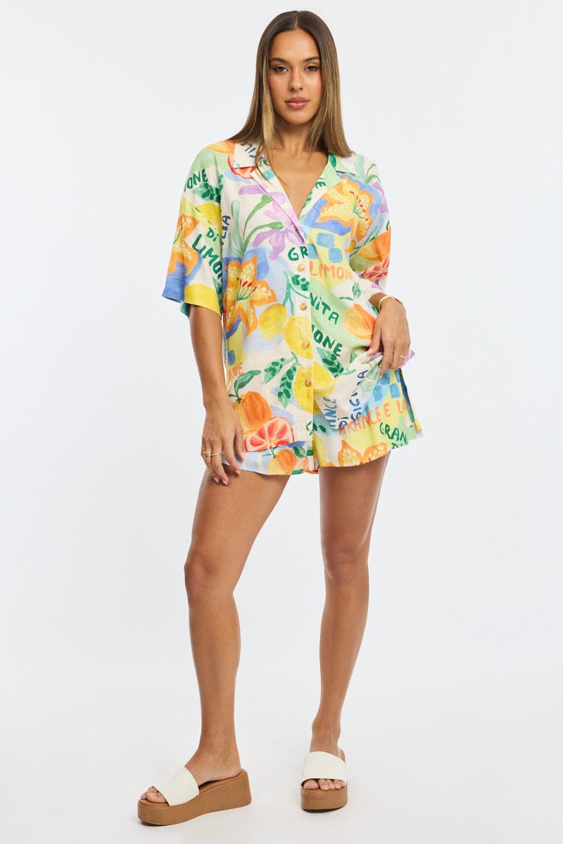 Multi Abstract Relaxed Shirt Short Sleeve Collared Linen Blend for Ally Fashion