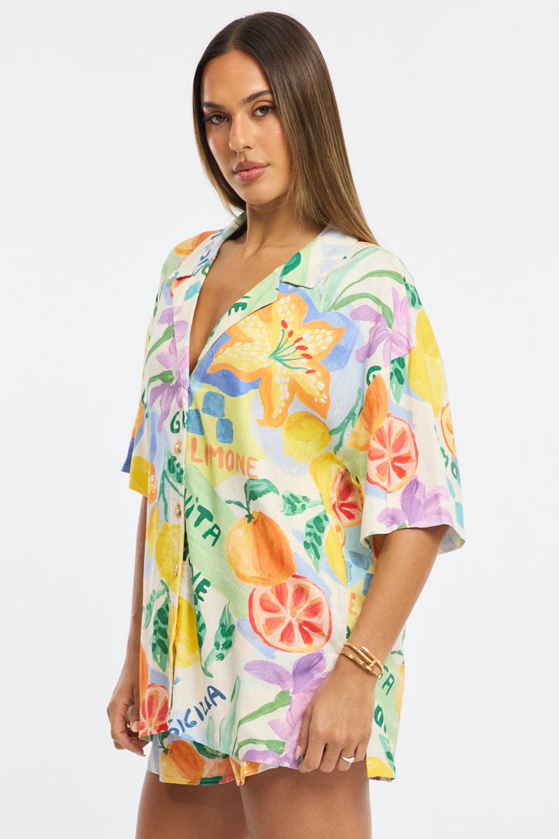 Multi Abstract Relaxed Shirt Short Sleeve Collared Linen Blend for Ally Fashion