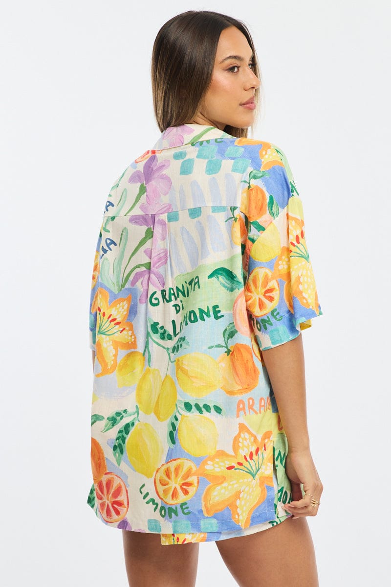 Multi Abstract Relaxed Shirt Short Sleeve Collared Linen Blend for Ally Fashion