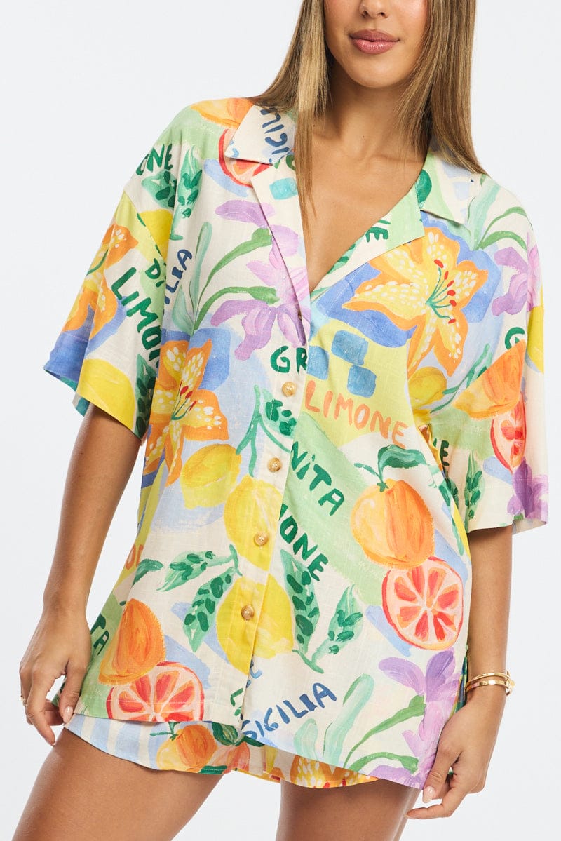 Multi Abstract Relaxed Shirt Short Sleeve Collared Linen Blend for Ally Fashion