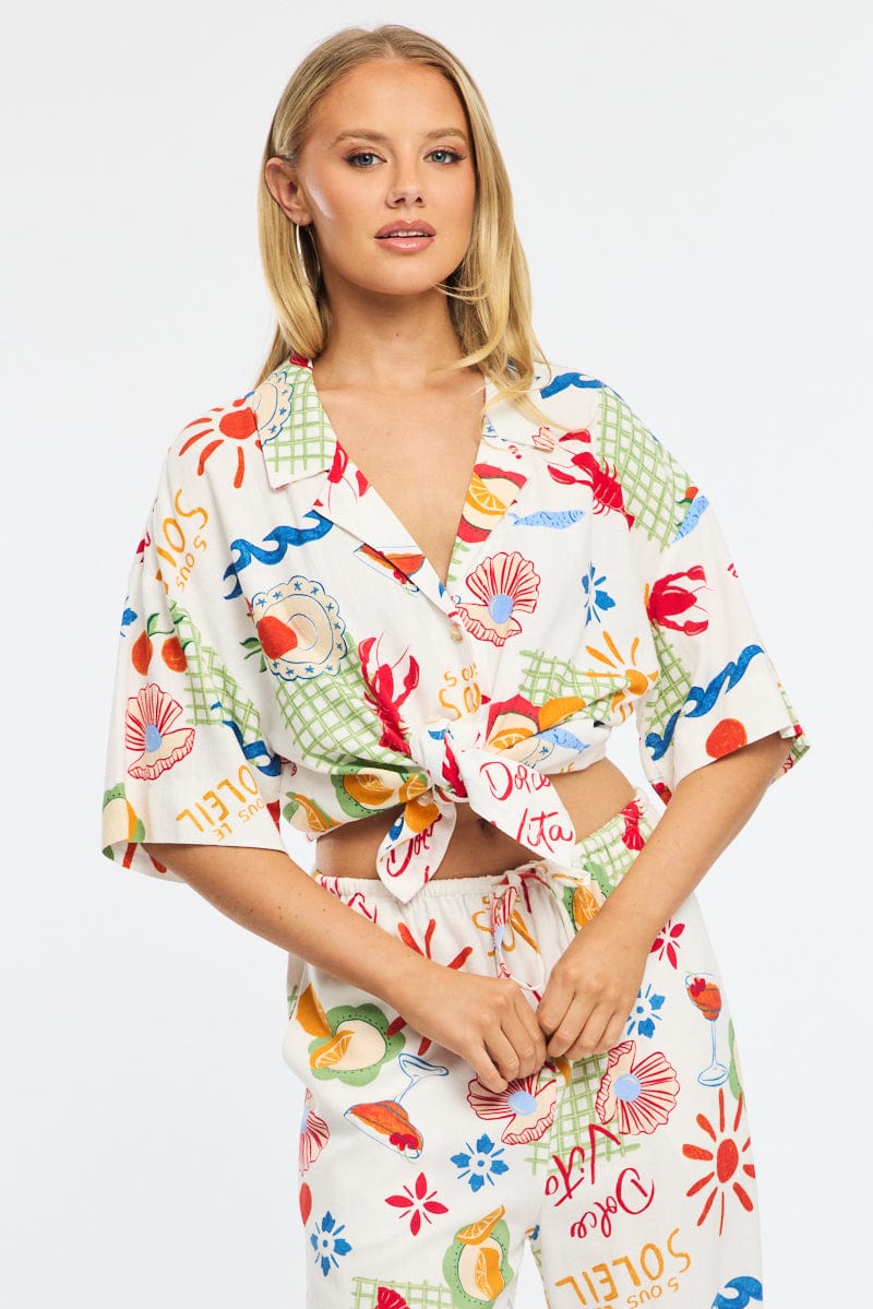 Multi Abstract Relaxed Shirt Short Sleeve Collared Linen Blend for Ally Fashion