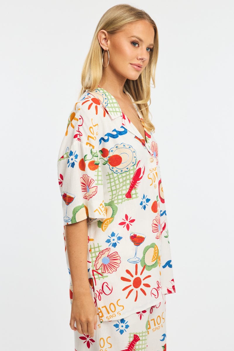 Multi Abstract Relaxed Shirt Short Sleeve Collared Linen Blend for Ally Fashion