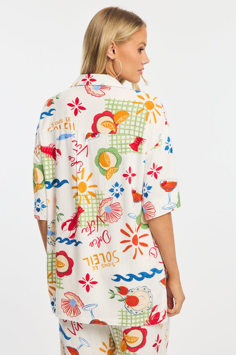 Multi Abstract Relaxed Shirt Short Sleeve Collared Linen Blend for Ally Fashion