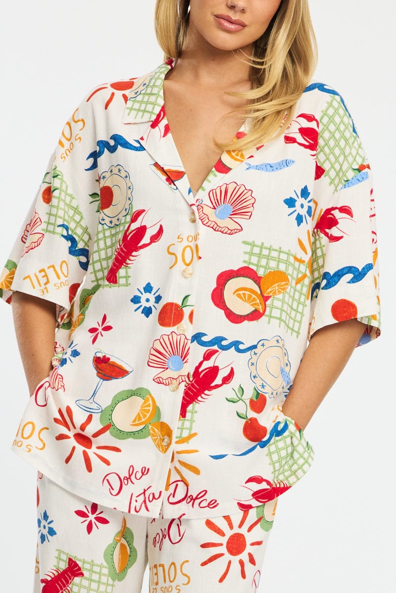Multi Abstract Relaxed Shirt Short Sleeve Collared Linen Blend for Ally Fashion