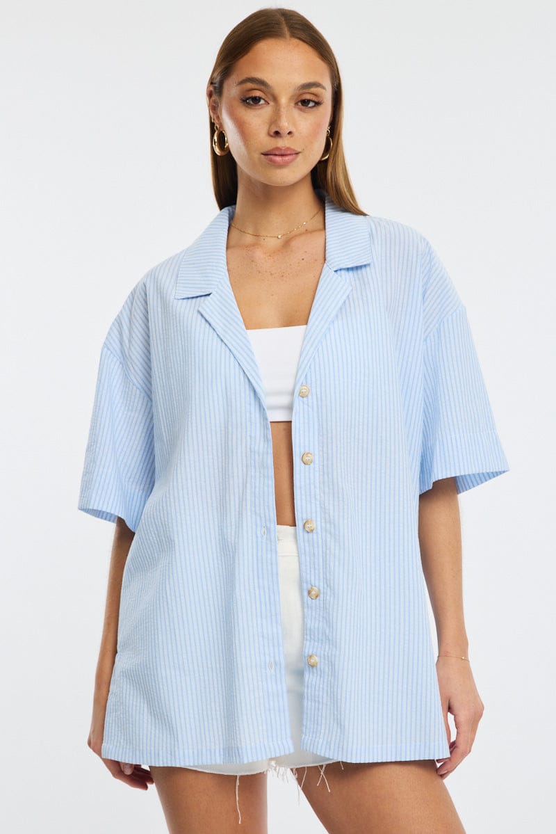 Blue Stripe Relaxed Shirt Short Sleeve Collared for Ally Fashion