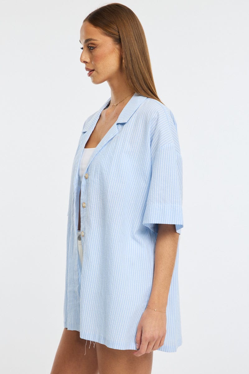 Blue Stripe Relaxed Shirt Short Sleeve Collared for Ally Fashion