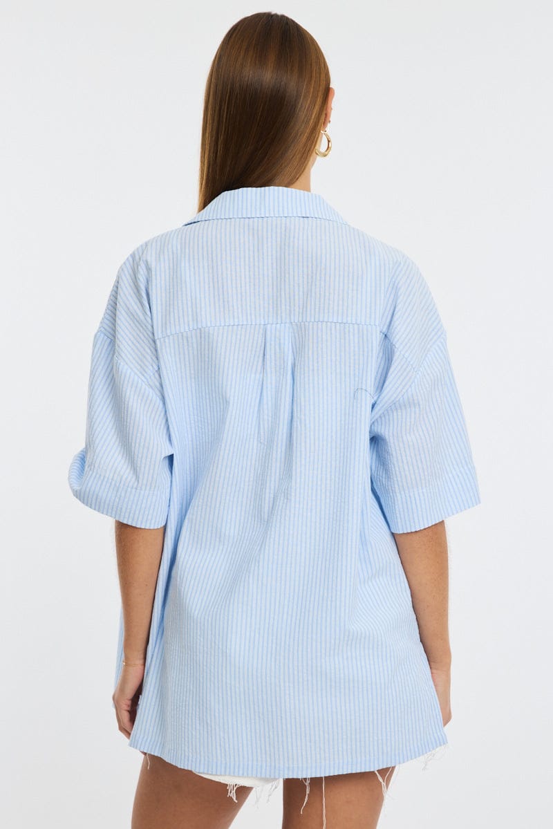 Blue Stripe Relaxed Shirt Short Sleeve Collared for Ally Fashion