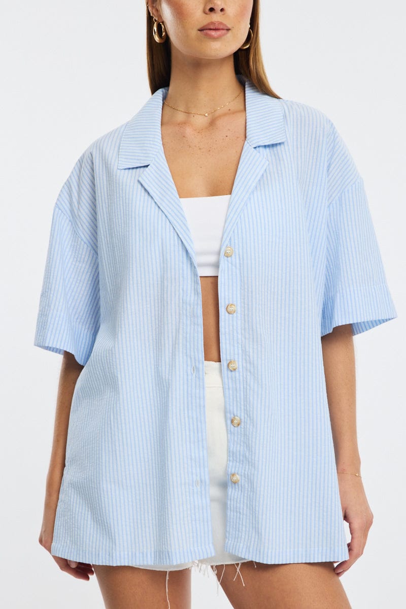 Blue Stripe Relaxed Shirt Short Sleeve Collared for Ally Fashion