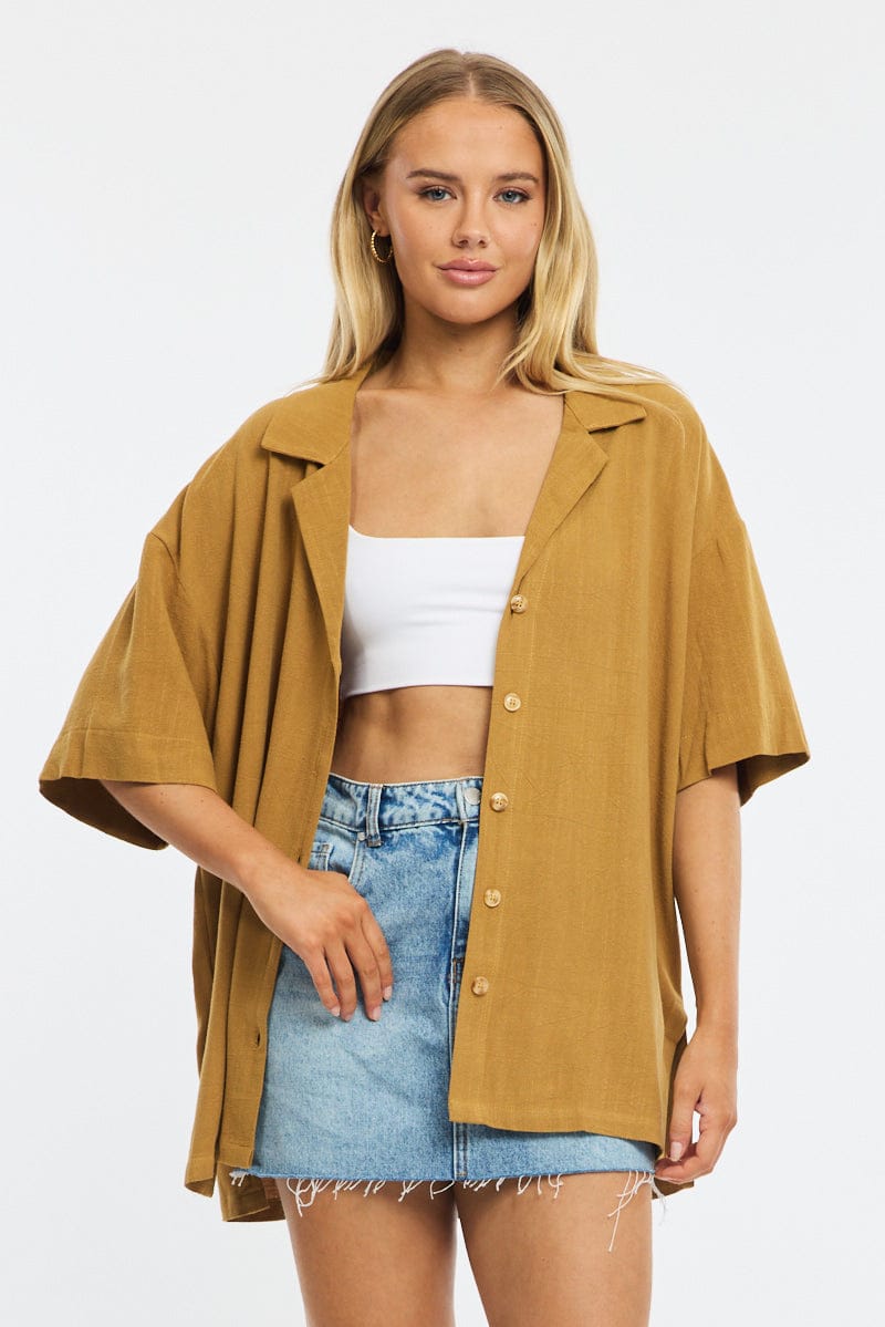 Beige Relaxed Shirt Short Sleeve Collared Linen Blend for Ally Fashion