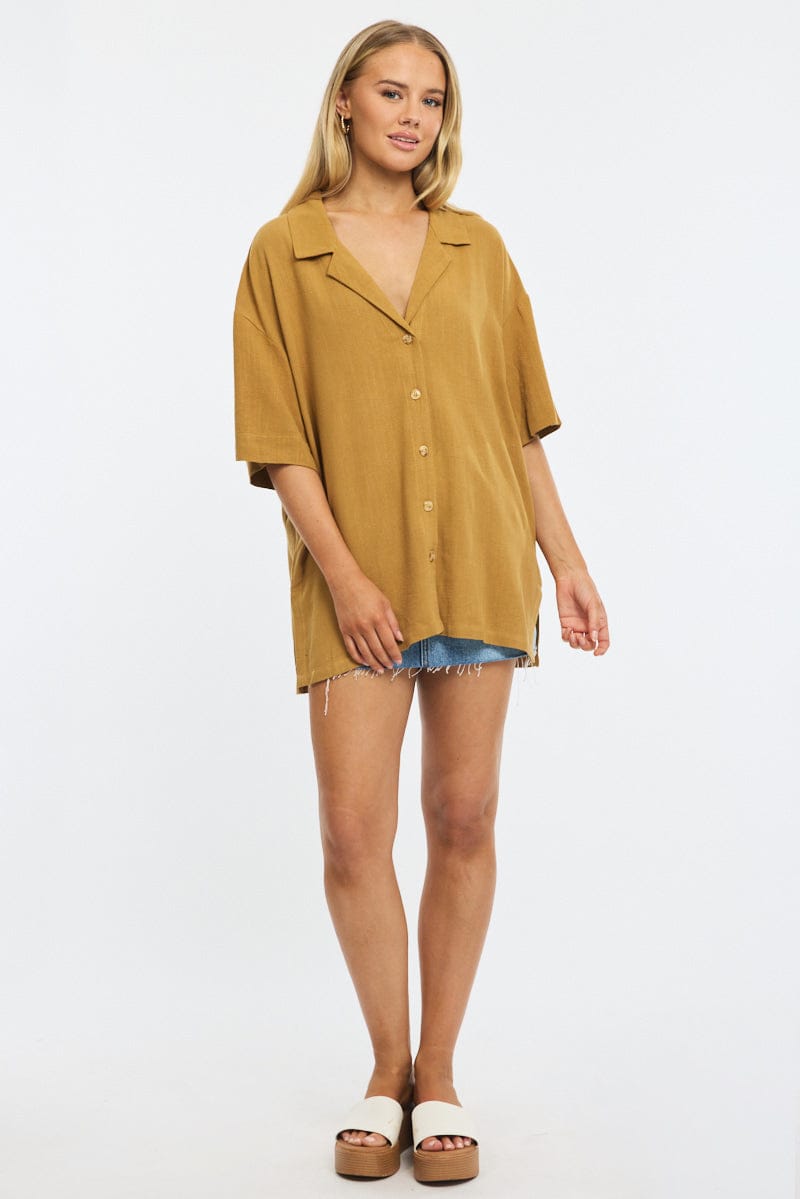 Beige Relaxed Shirt Short Sleeve Collared Linen Blend for Ally Fashion