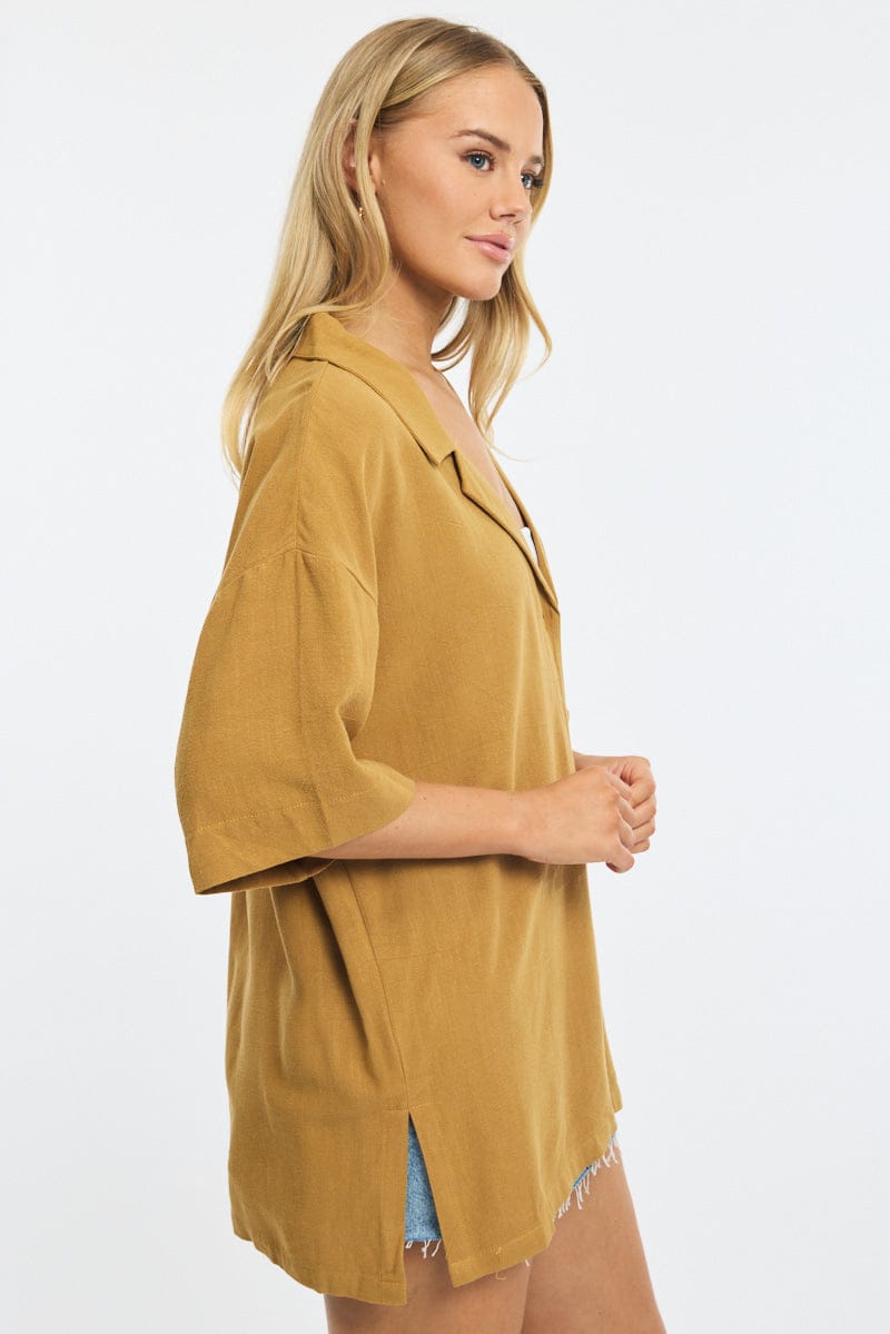Beige Relaxed Shirt Short Sleeve Collared Linen Blend for Ally Fashion