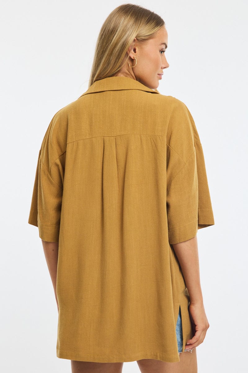 Beige Relaxed Shirt Short Sleeve Collared Linen Blend for Ally Fashion