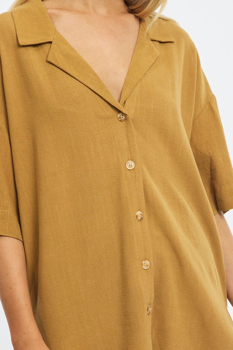 Beige Relaxed Shirt Short Sleeve Collared Linen Blend for Ally Fashion