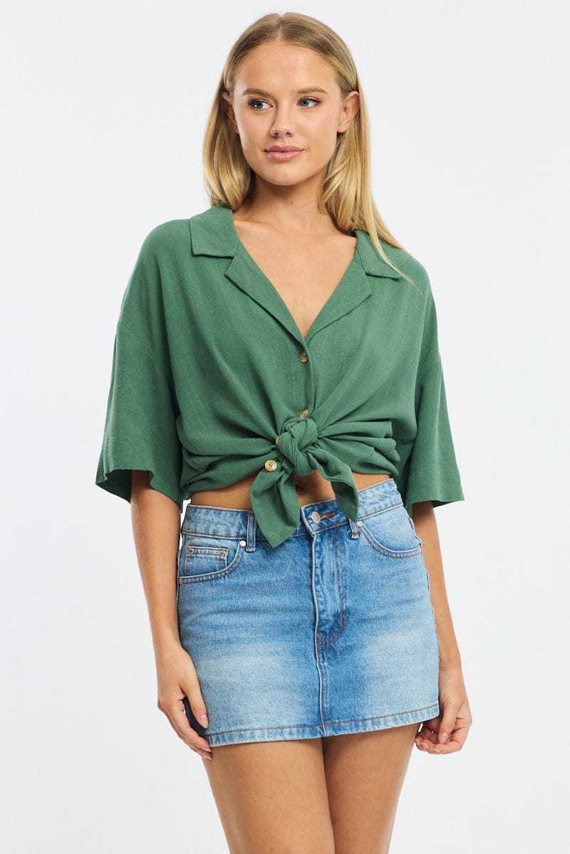 Green Relaxed Shirt Short Sleeve Collared Linen Blend for Ally Fashion