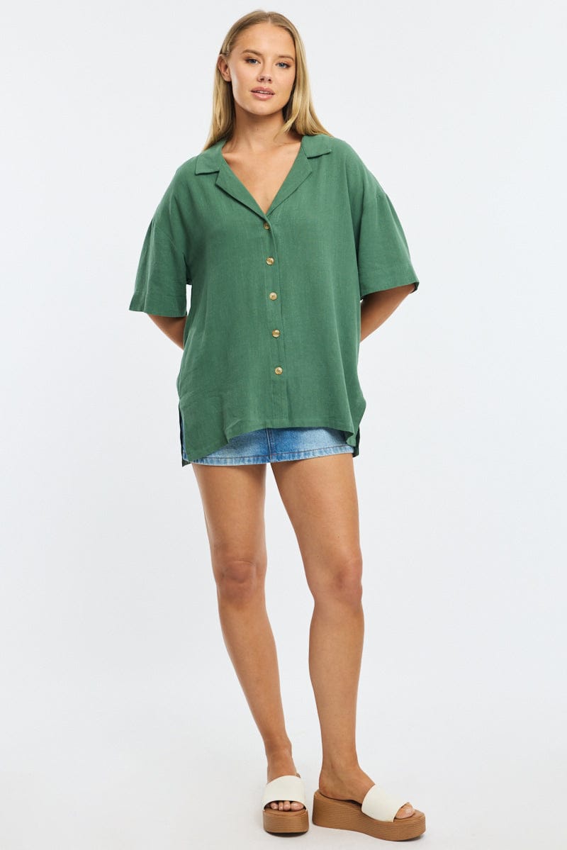 Green Relaxed Shirt Short Sleeve Collared Linen Blend for Ally Fashion
