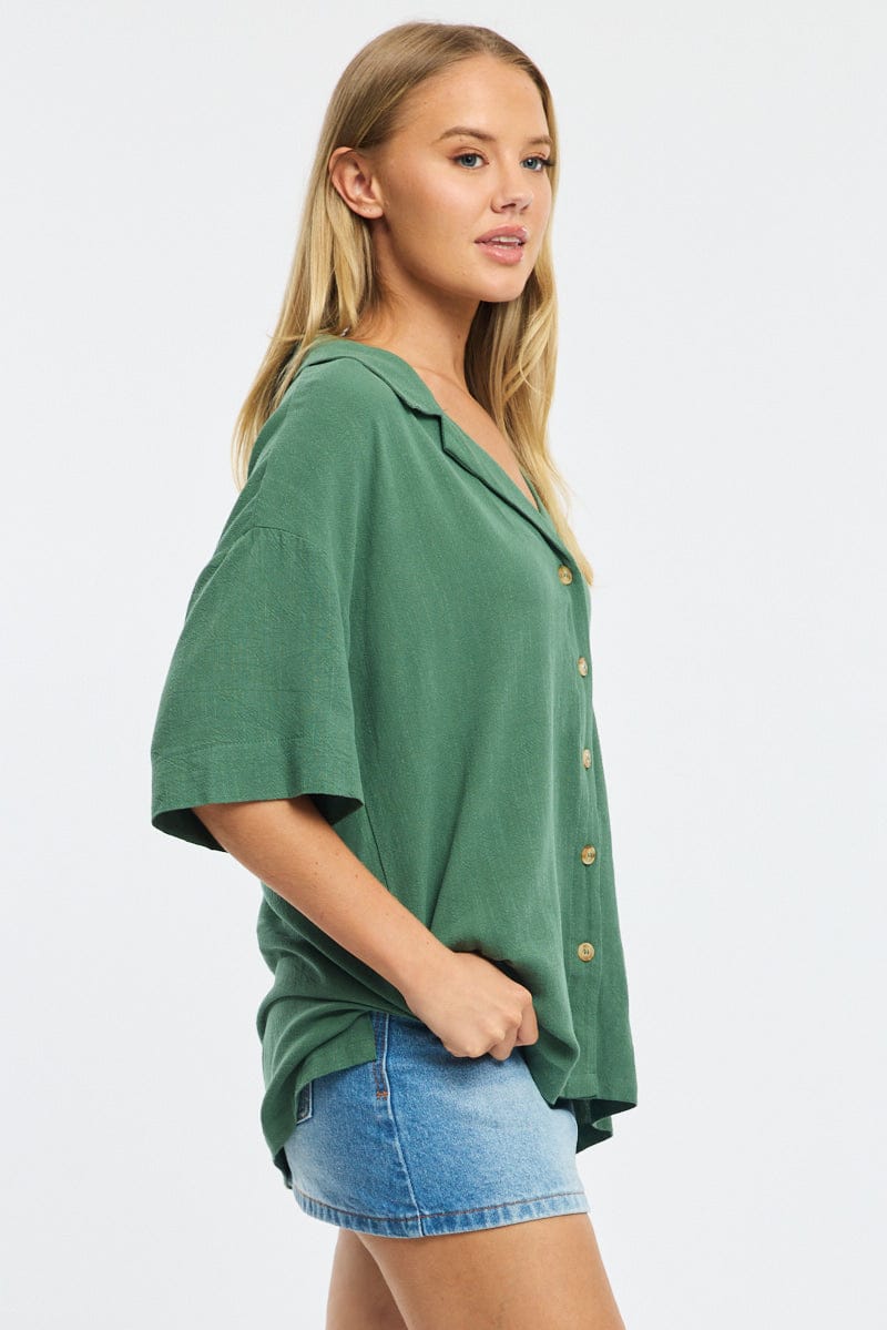 Green Relaxed Shirt Short Sleeve Collared Linen Blend for Ally Fashion