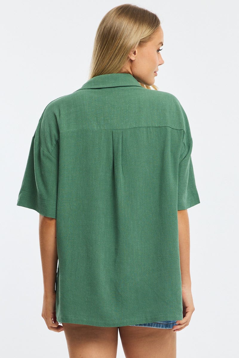 Green Relaxed Shirt Short Sleeve Collared Linen Blend for Ally Fashion