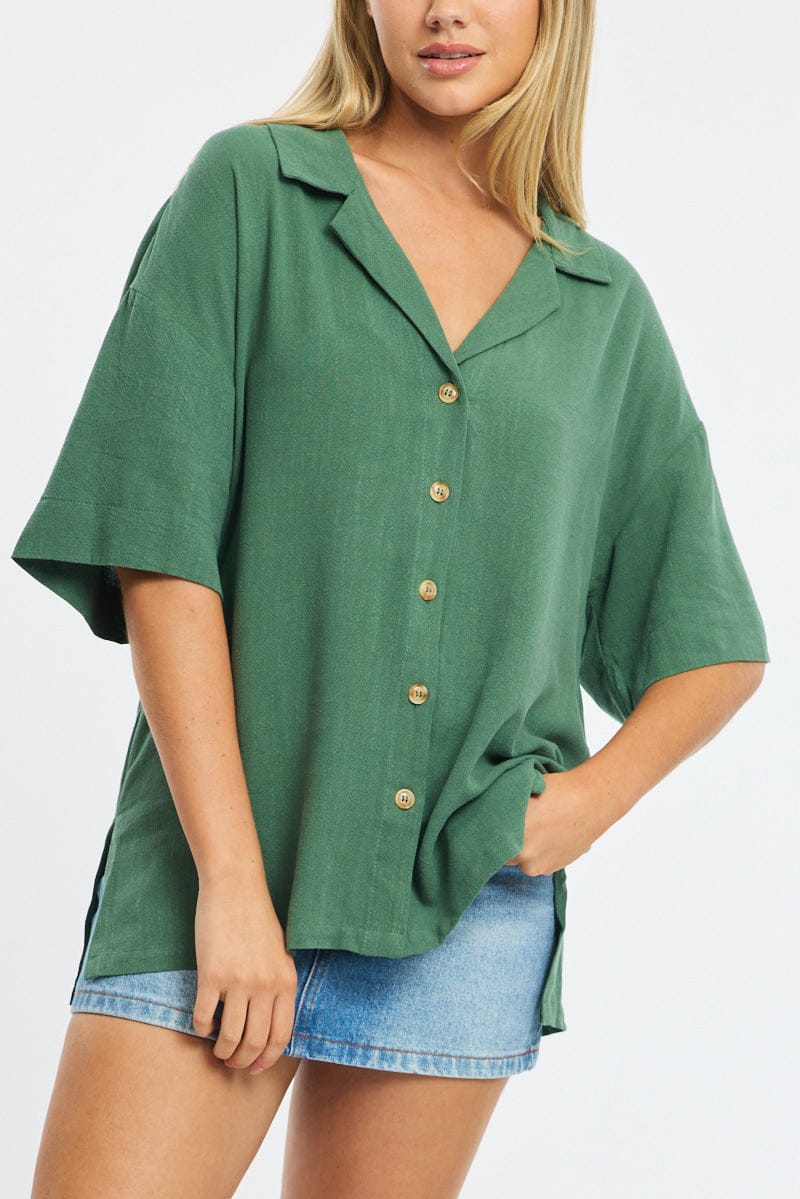 Green Relaxed Shirt Short Sleeve Collared Linen Blend for Ally Fashion