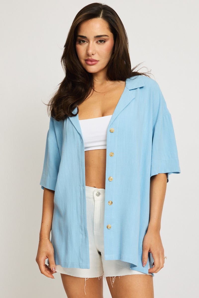 Blue Relaxed Shirt Short Sleeve Collared Linen Blend for Ally Fashion