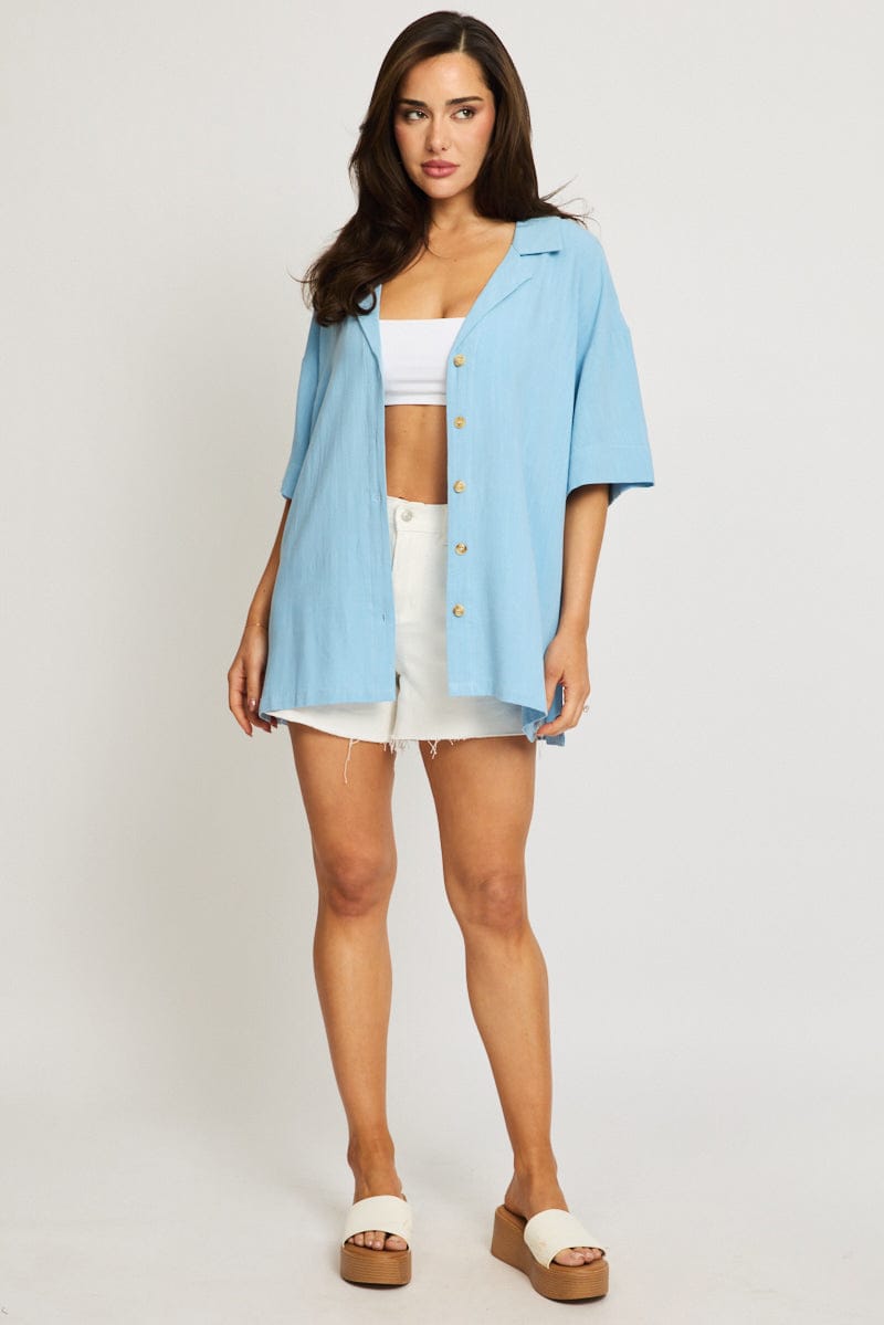 Blue Relaxed Shirt Short Sleeve Collared Linen Blend for Ally Fashion