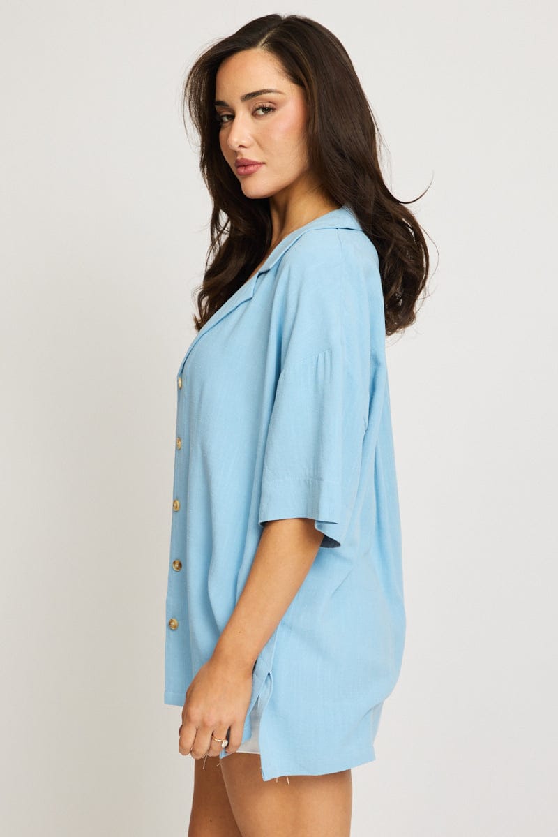 Blue Relaxed Shirt Short Sleeve Collared Linen Blend for Ally Fashion