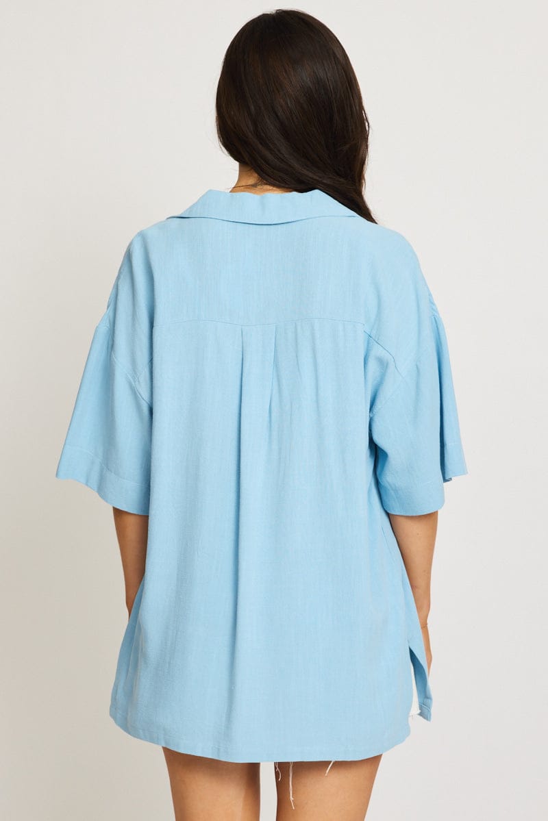 Blue Relaxed Shirt Short Sleeve Collared Linen Blend for Ally Fashion