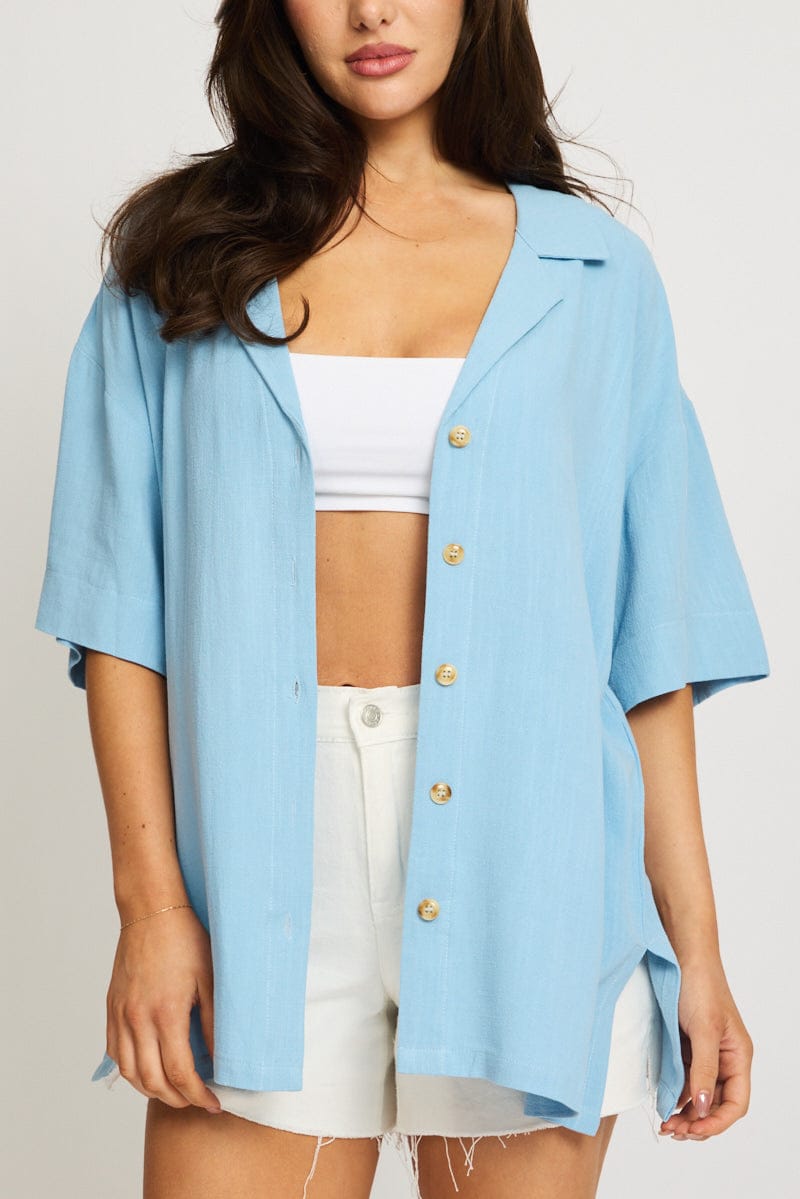 Blue Relaxed Shirt Short Sleeve Collared Linen Blend for Ally Fashion