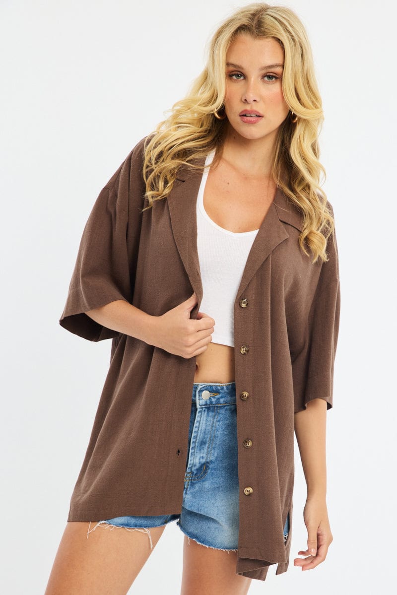 Brown Relaxed Shirt Short Sleeve Collared Linen Blend for Ally Fashion