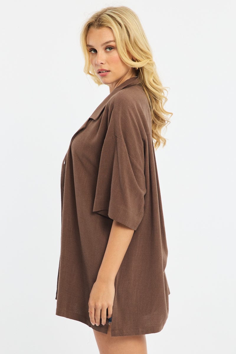 Brown Relaxed Shirt Short Sleeve Collared Linen Blend for Ally Fashion