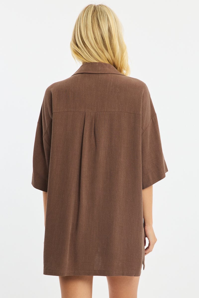 Brown Relaxed Shirt Short Sleeve Collared Linen Blend for Ally Fashion