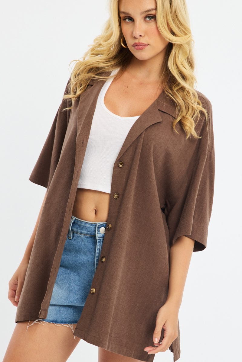 Brown Relaxed Shirt Short Sleeve Collared Linen Blend for Ally Fashion