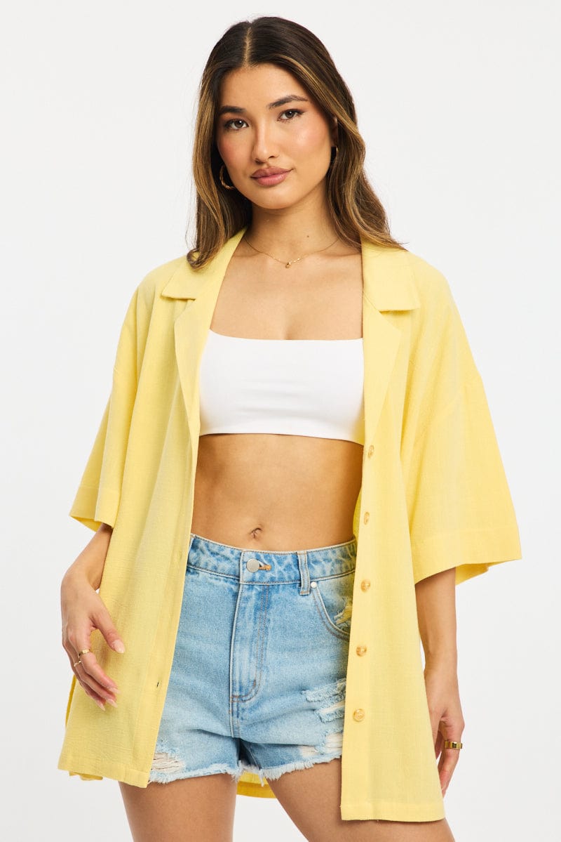 Yellow Relaxed Shirt Short Sleeve Collared Linen Blend for Ally Fashion