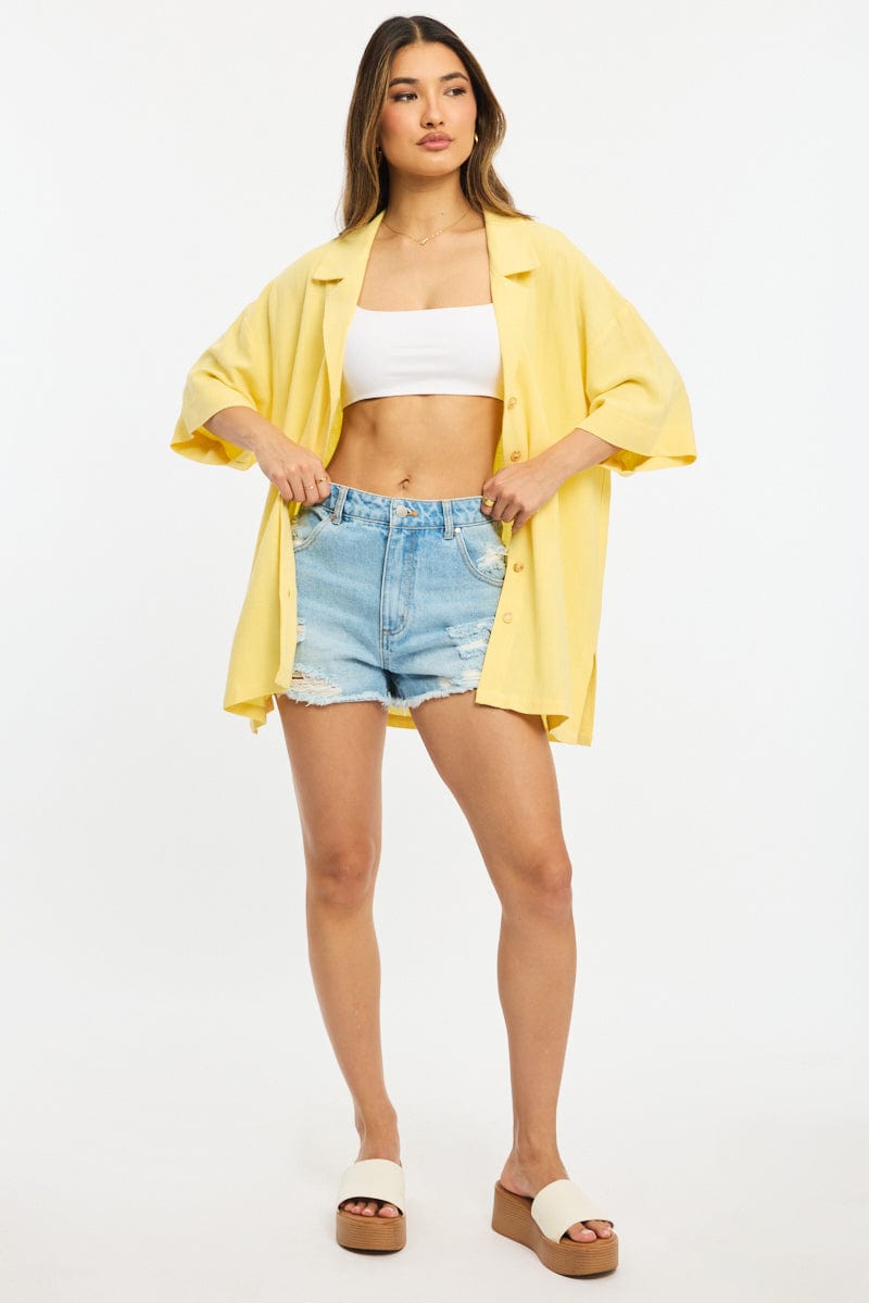 Yellow Relaxed Shirt Short Sleeve Collared Linen Blend for Ally Fashion
