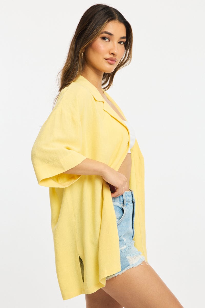 Yellow Relaxed Shirt Short Sleeve Collared Linen Blend for Ally Fashion