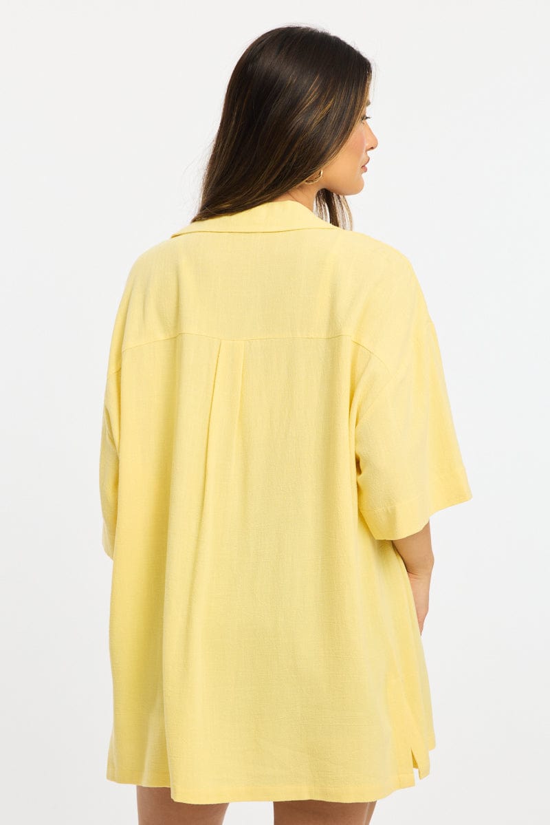 Yellow Relaxed Shirt Short Sleeve Collared Linen Blend for Ally Fashion