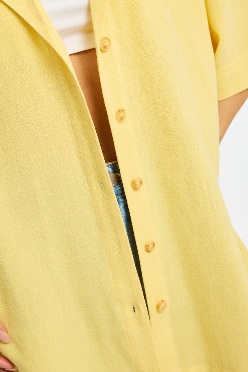 Yellow Relaxed Shirt Short Sleeve Collared Linen Blend for Ally Fashion