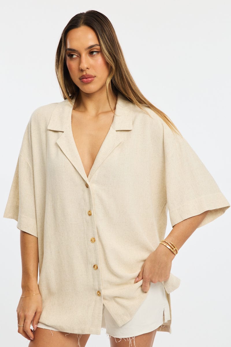 Beige Relaxed Shirt Short Sleeve Collared Linen Blend for Ally Fashion