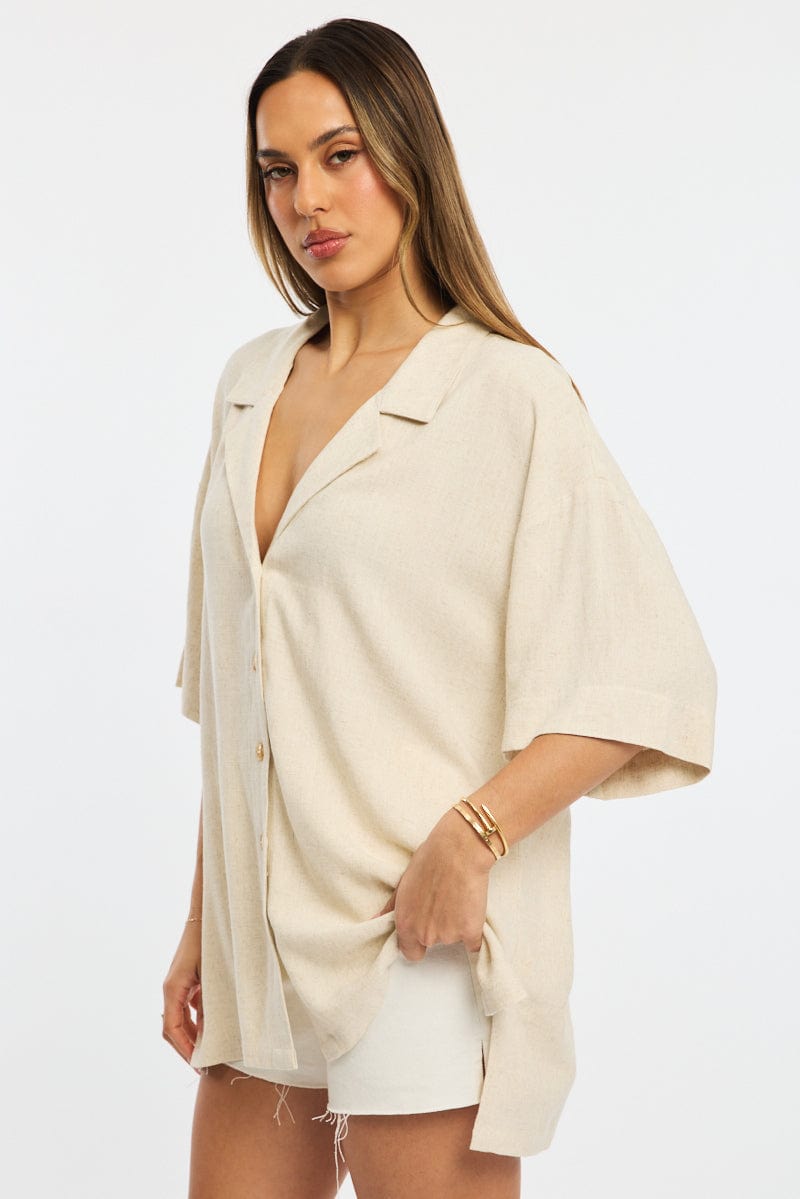 Beige Relaxed Shirt Short Sleeve Collared Linen Blend for Ally Fashion