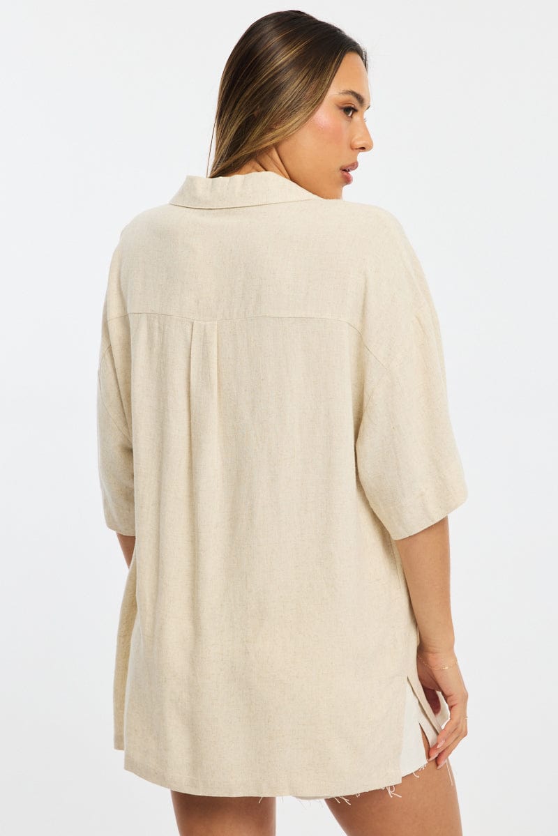 Beige Relaxed Shirt Short Sleeve Collared Linen Blend for Ally Fashion