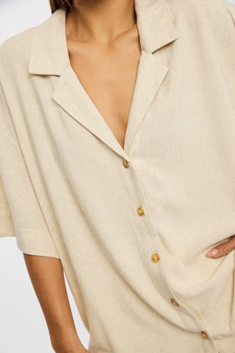 Beige Relaxed Shirt Short Sleeve Collared Linen Blend for Ally Fashion