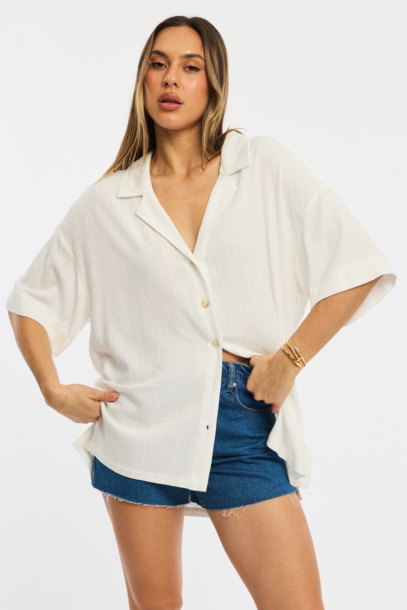 White Relaxed Shirt Short Sleeve Collared Linen Blend for Ally Fashion
